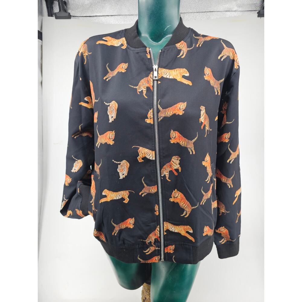 Tiger Print All Over Black Light Bomber Jacket SM Wardrove Women's M 3824 - Picture 4 of 10